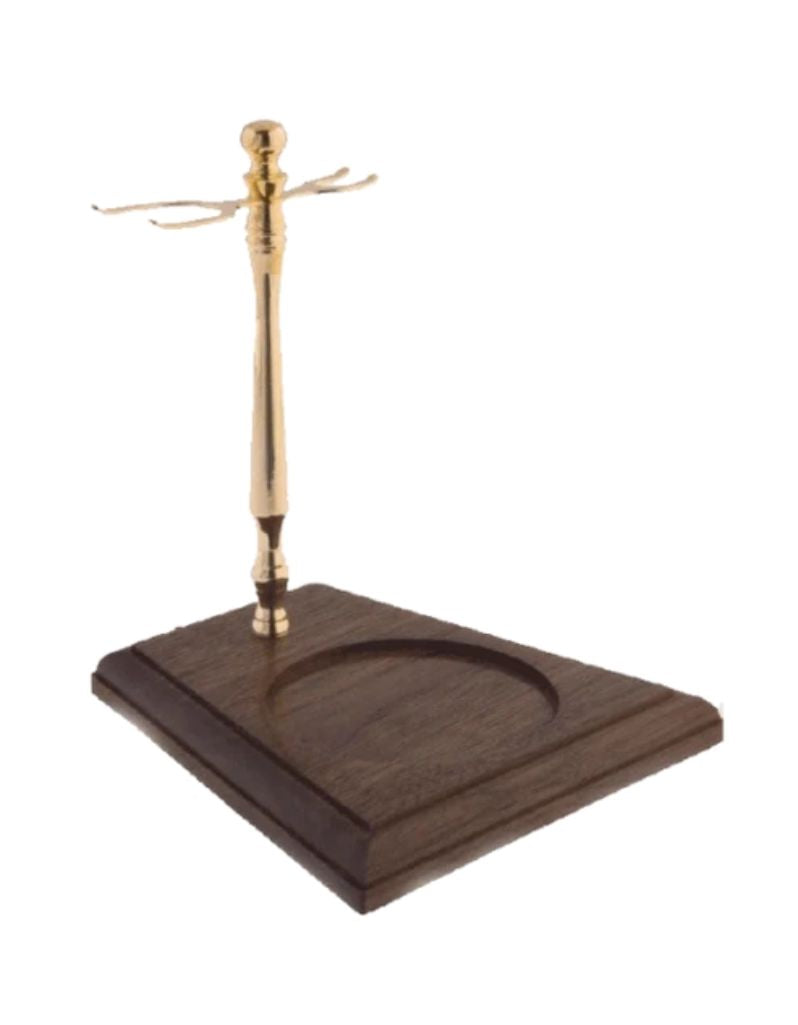 Razor and brush stand with Gold metal and wooden base for shaving bowl