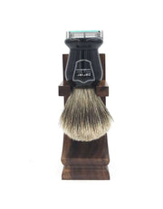 Mission style wood shaving stand with razor and brush