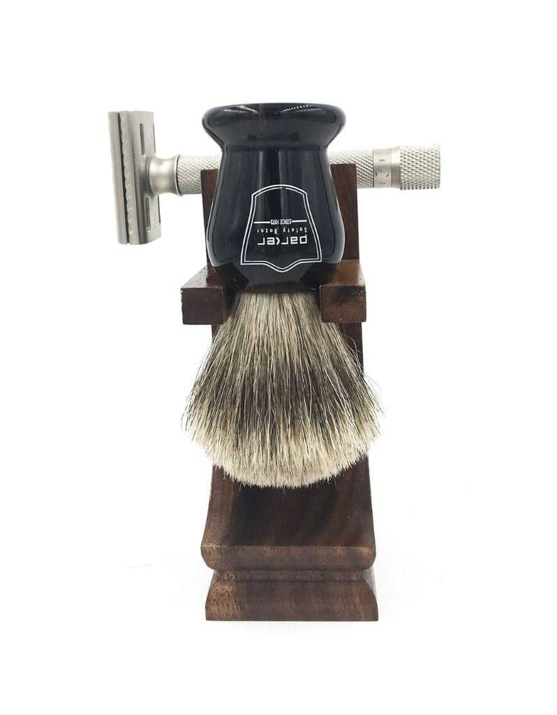 Shaving brush and razor stand with water-resistant hardwood