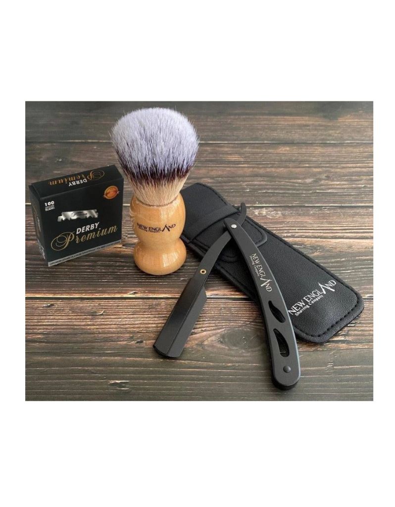 Starter shavette kit with metal razor, wooden brush, and 100 Derby blades from New England Shaving Company