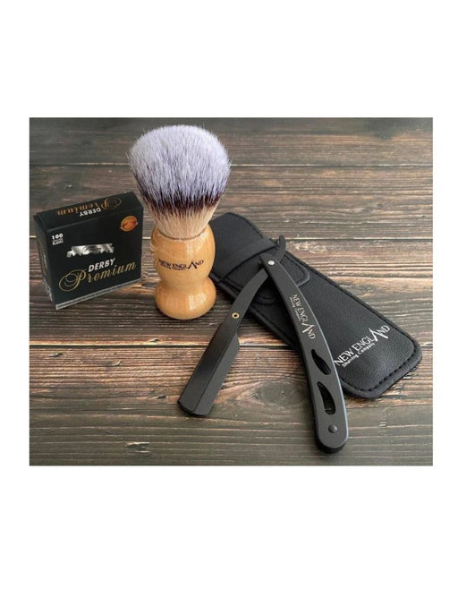 Starter shavette kit with metal razor, wooden brush, and 100 Derby blades from New England Shaving Company