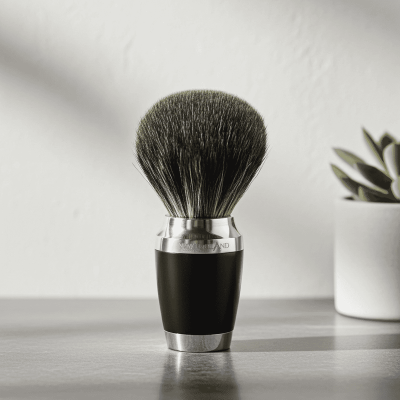 Premium badger hair shaving brush with black handle on a countertop