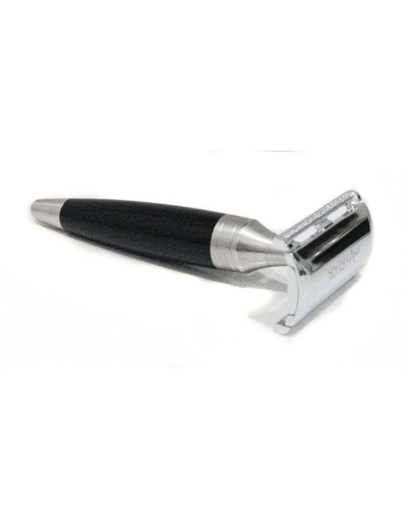 Stainless steel and black resin safety razor 