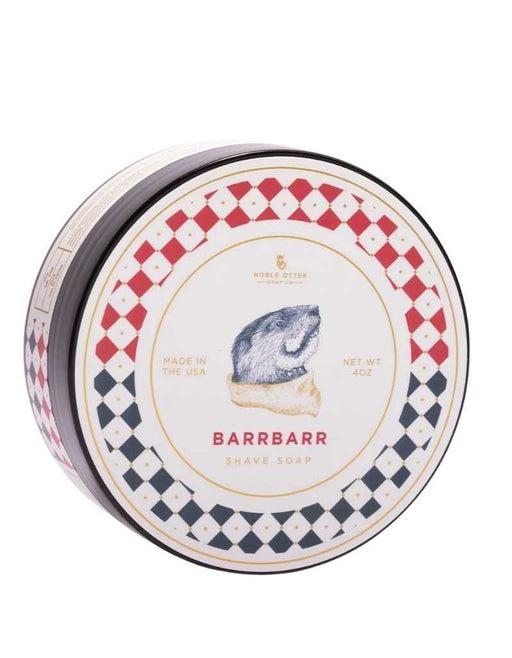 Noble Otter Barrbarr Shave Soap tin with barbershop scent design