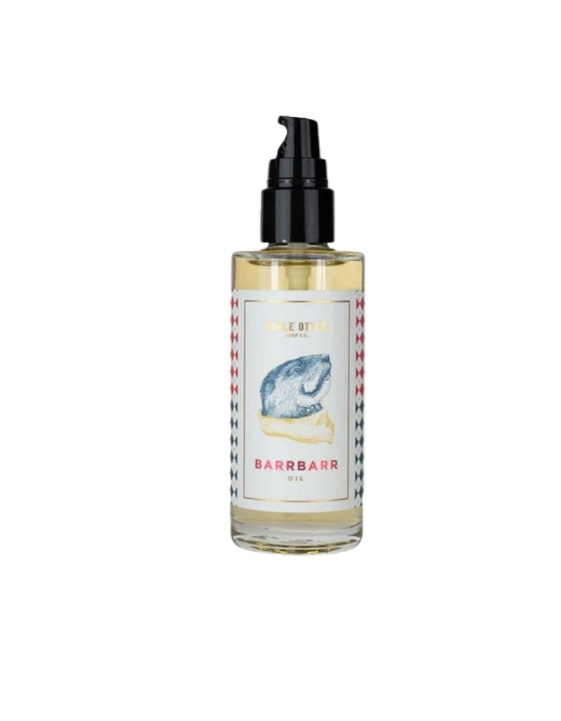 Noble & Otter Barrbarr shave oil bottle with citrus and woody scent profile