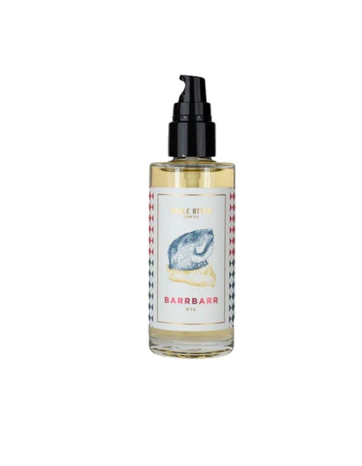 Noble & Otter Barrbarr shave oil bottle with citrus and woody scent profile