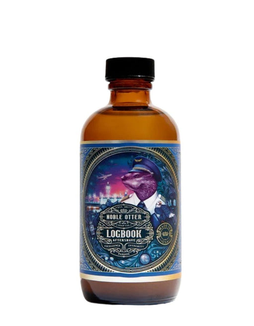 Noble Otter Logbook Aftershave Splash 4 oz bottle, woody fougère with bergamot, cedarwood, leather, and amber
