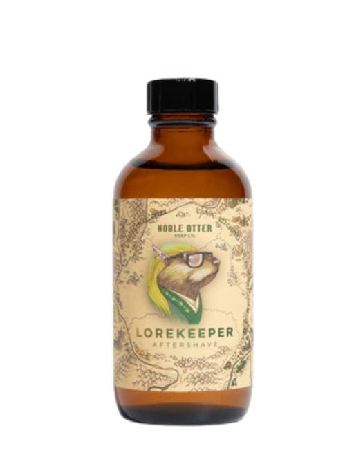 Noble & Otter Lorekeeper aftershave bottle with woody tea scent profile displayed