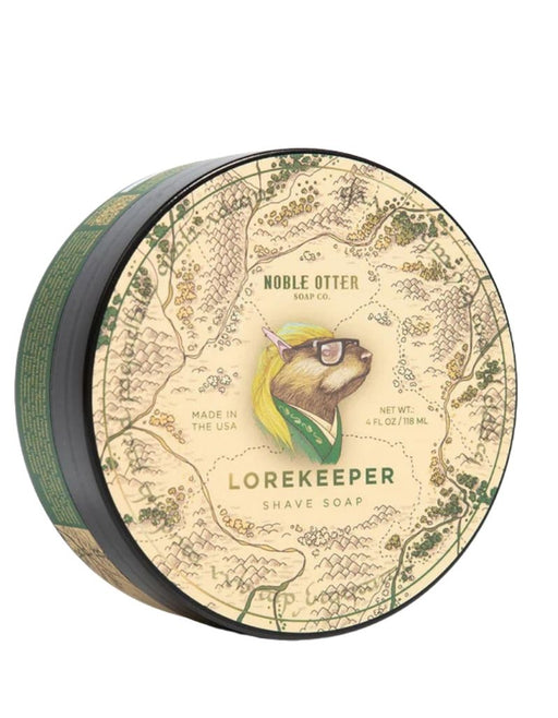 Noble & Otter Lorekeeper shave soap jar with woody tea and leather scent profile