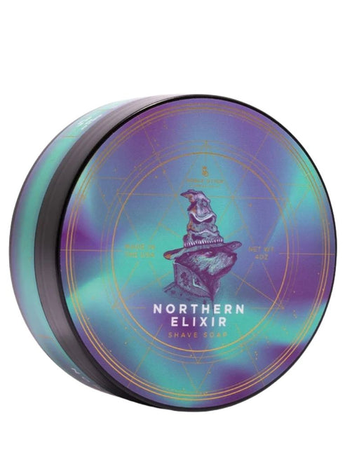 Noble & Otter Northern Elixir shave soap jar with eucalyptus and peppermint cooling scent