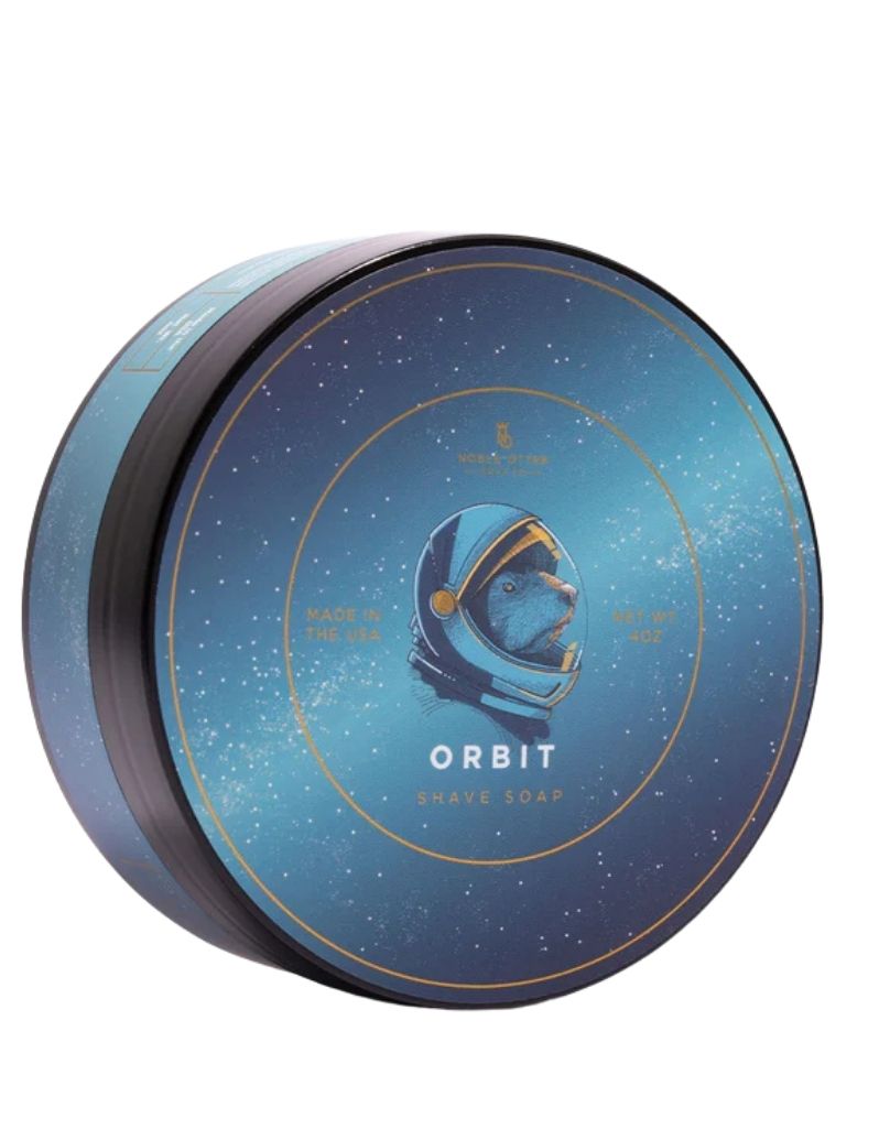 Noble & Otter Orbit shave soap jar with eucalyptus and cooling space inspired scent