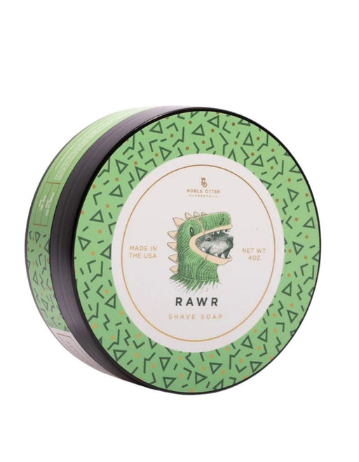 Noble Otter Rawr Shaving Soap 4 oz jar with cartoon otter label, tallow base with citrus and vanilla scent notes