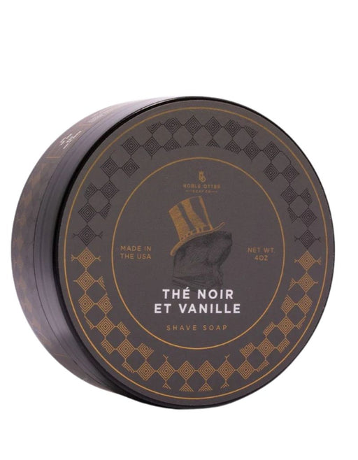 Noble & Otter Thé Noir et Vanille shave soap jar with black tea and vanilla scent profile