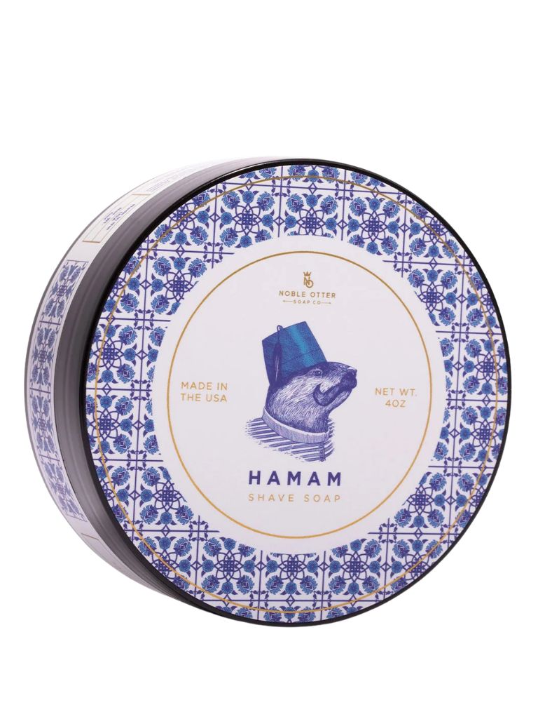 Noble Otter Hamam shave soap in a round tub with blue Turkish tile pattern and an otter in a fez, 4 oz, made in USA