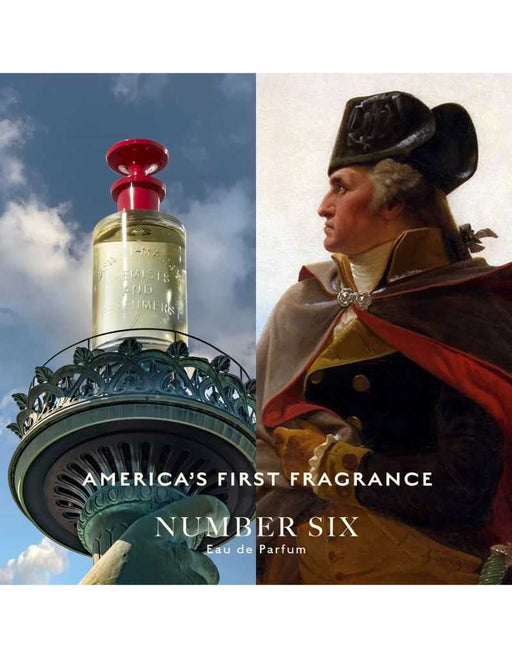 Number Six Eau de Parfum bottle on billboard, historic American fragrance