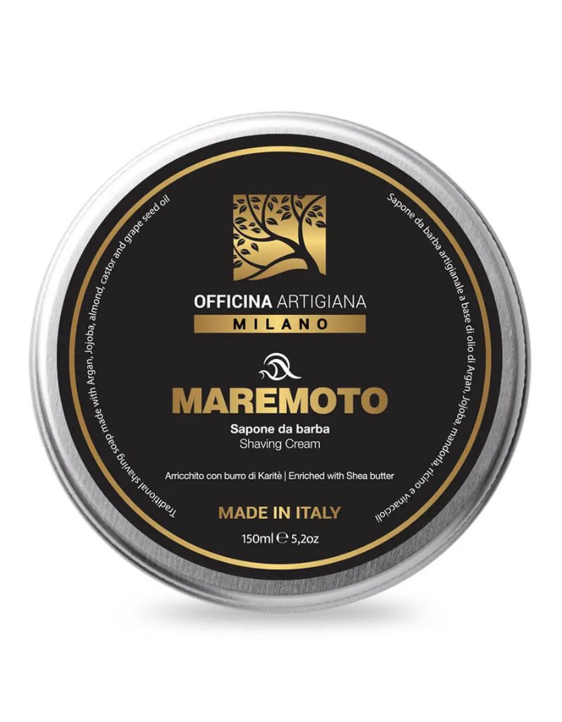 Maremoto shaving soap by Officina Artigiana in 150ml glass jar with aquatic-ozone fragrance and soft-lather formula