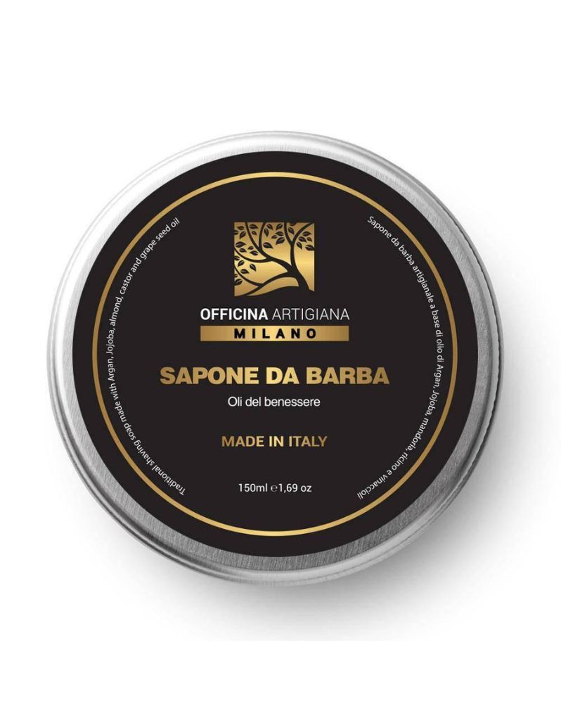 Officina Artigiana Original Shaving Soap in 150ml glass jar with five-petal flower pour and soft lather texture