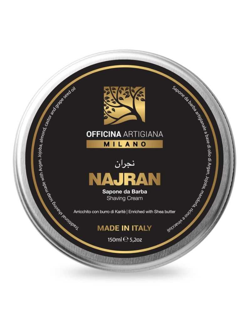 Officina Artigiana Najran shaving soap in 150ml glass jar with woody-smoky scent and rich lather formula