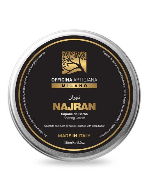 Officina Artigiana Najran shaving soap in 150ml glass jar with woody-smoky scent and rich lather formula