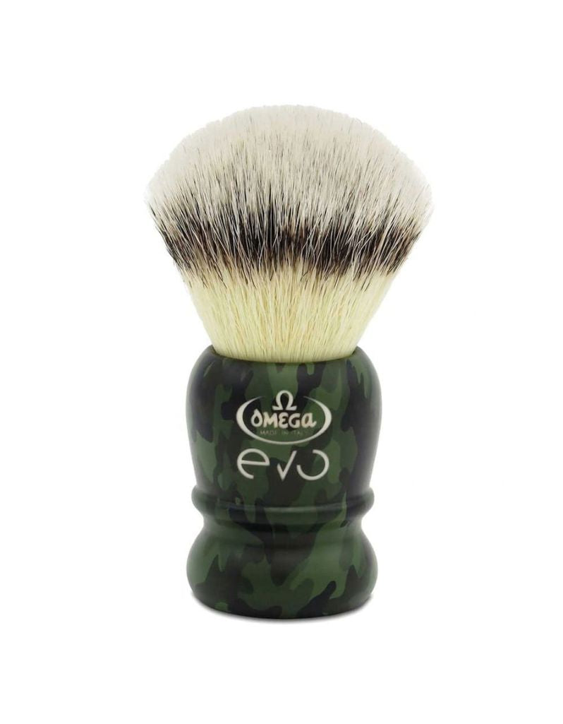 Omega EVO shaving brush with a dark green camouflage handle and cream and black bristles, shown on a white background.