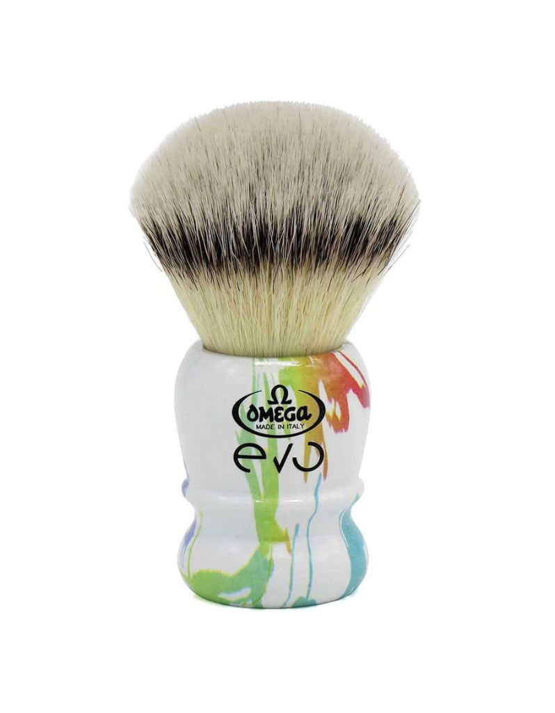 Omega EVO 2.0 Pollock synthetic shaving brush with white handle and rainbow paint drip design and badger effect knot