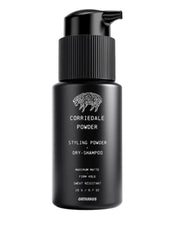 OrtaHaus Corriedale Powder, a sweat resistant volumizing hair powder for texture and matte hold. Absorbs oil for all day control. In a black bottle.