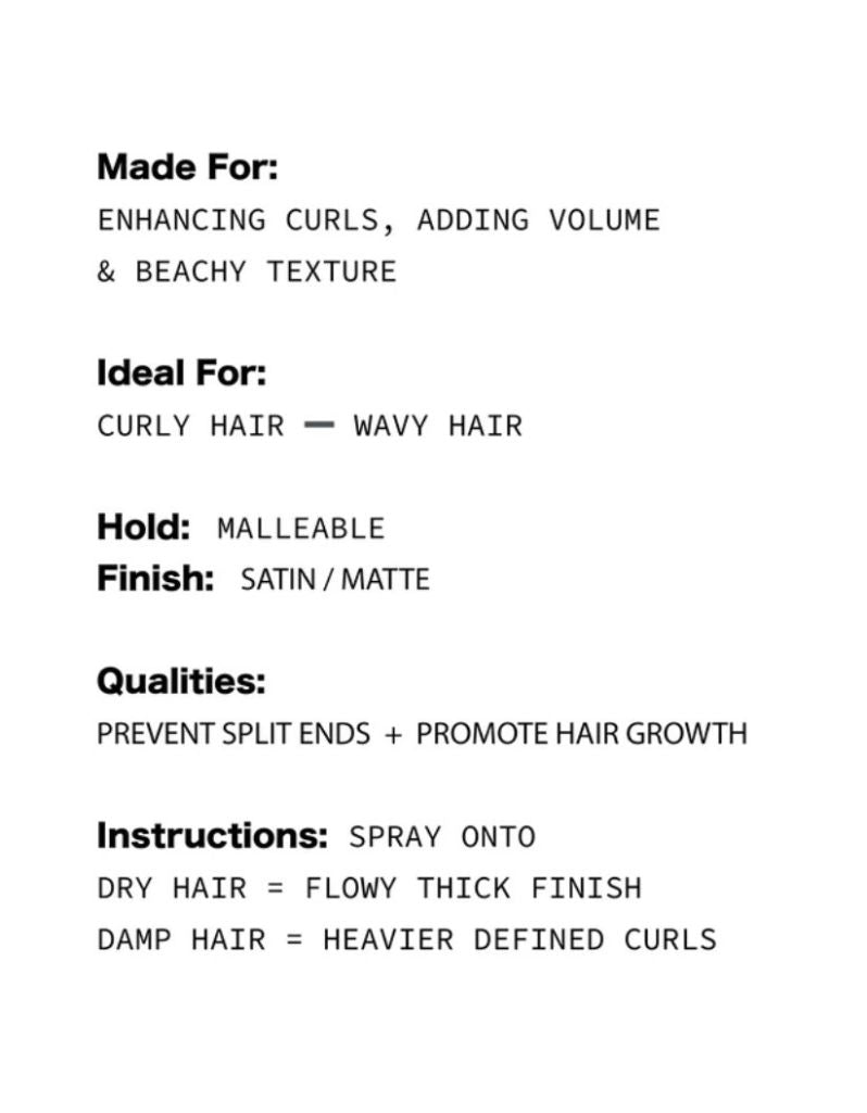 A text-based informational graphic on a white background with black text listing product details: 'Made For:', 'Ideal For:', 'Hold:', 'Finish:', 'Qualities:', and 'Instructions:' for a hair product.