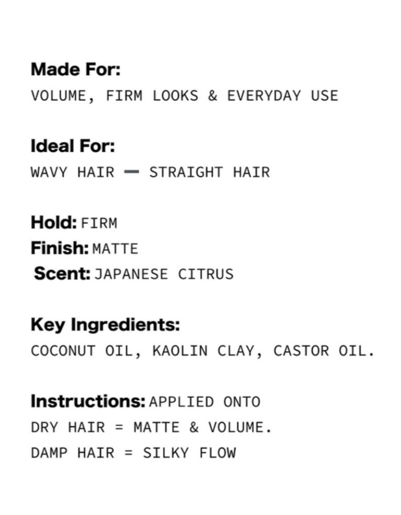 A text-based product information card on a white background with black text detailing the made for, ideal for, hold, finish, scent, key ingredients, and application instructions of a hair product.