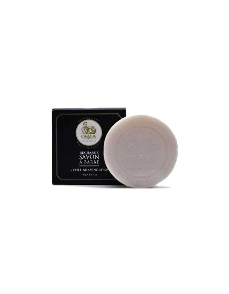 Osma Shaving soap bar with packaging on a white background