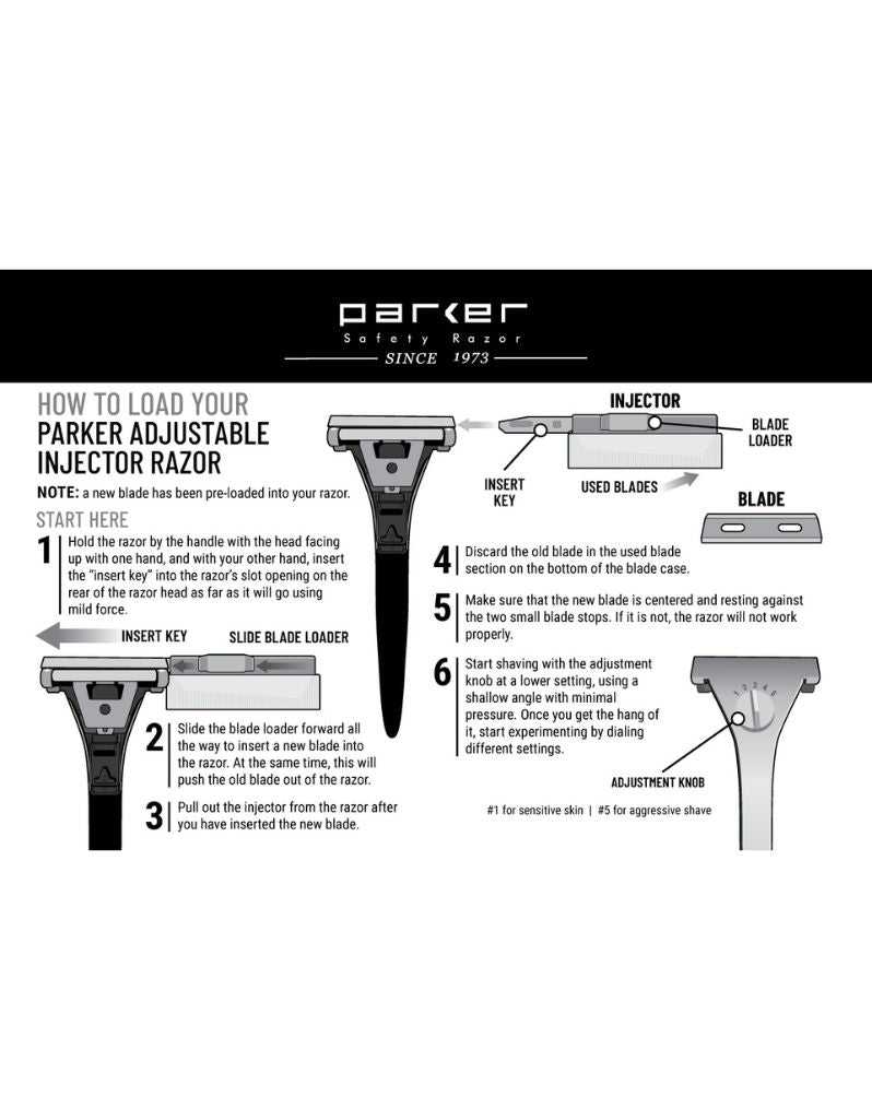 Instruction guide for loading and adjusting Parker injector razor