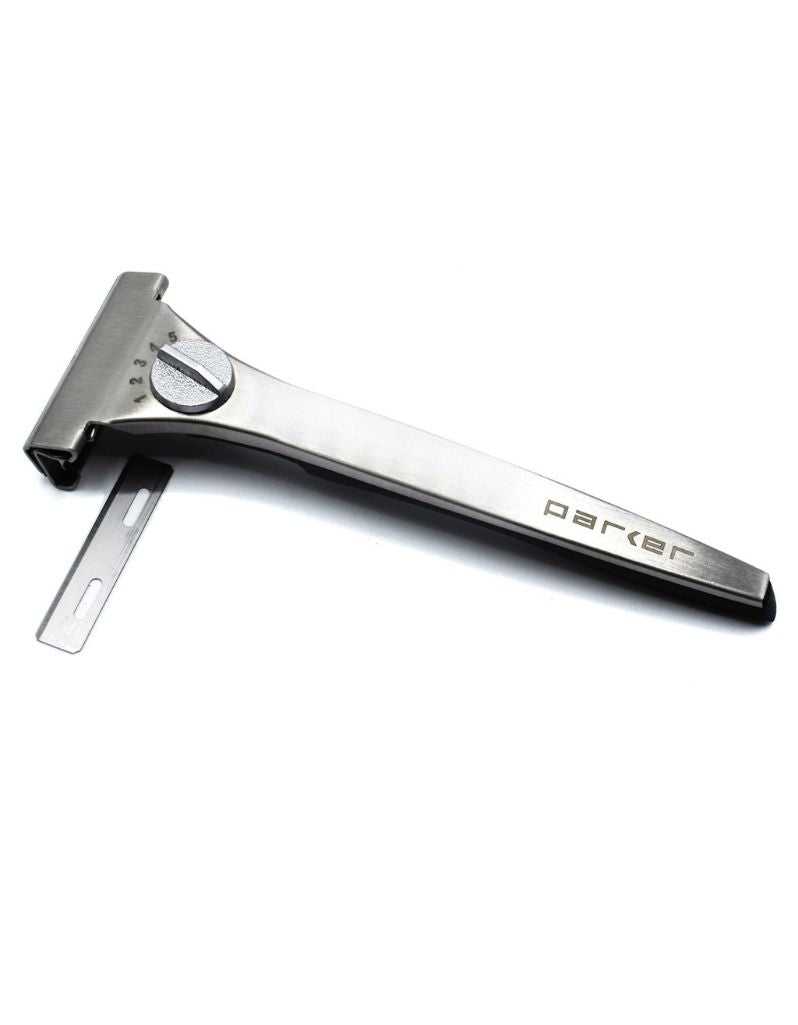 Close-up of Parker safety razor with adjustable dial and handle