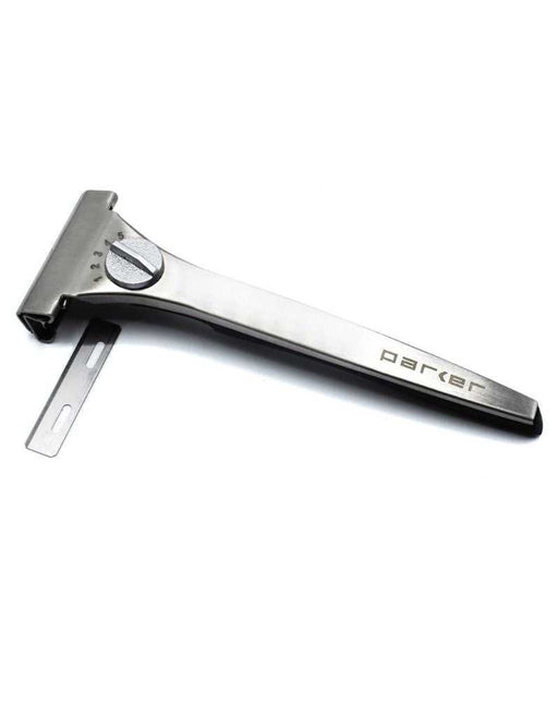 Close-up of Parker safety razor with adjustable dial and handle
