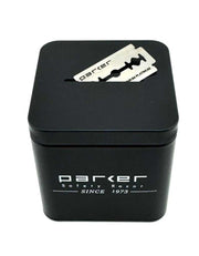 Black Parker safety razor box with a razor blade on top