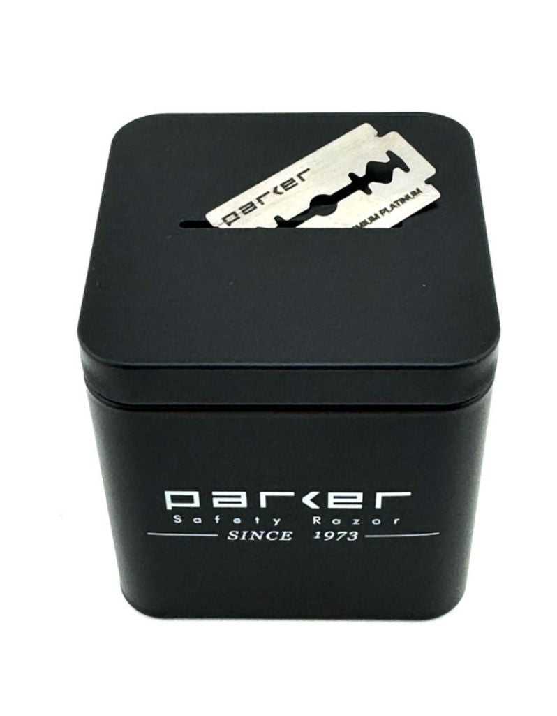 Black Parker safety razor box with a razor blade on top