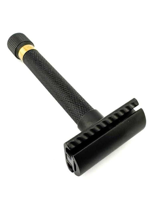 Black and gold adjustable safety razor with textured handle and gold accents
