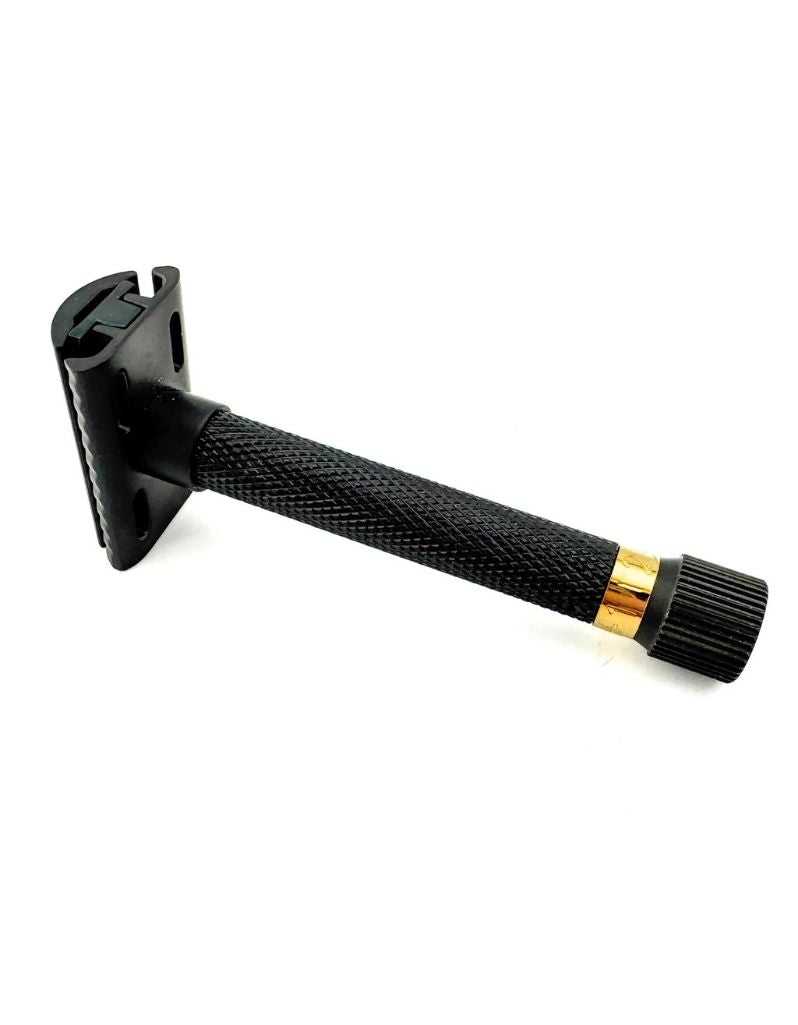 Black safety razor with textured handle and adjustable head for grooming