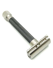 Graphite adjustable safety razor with textured handle and open comb head