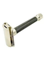 Close-up of Parker open comb safety razor with textured handle