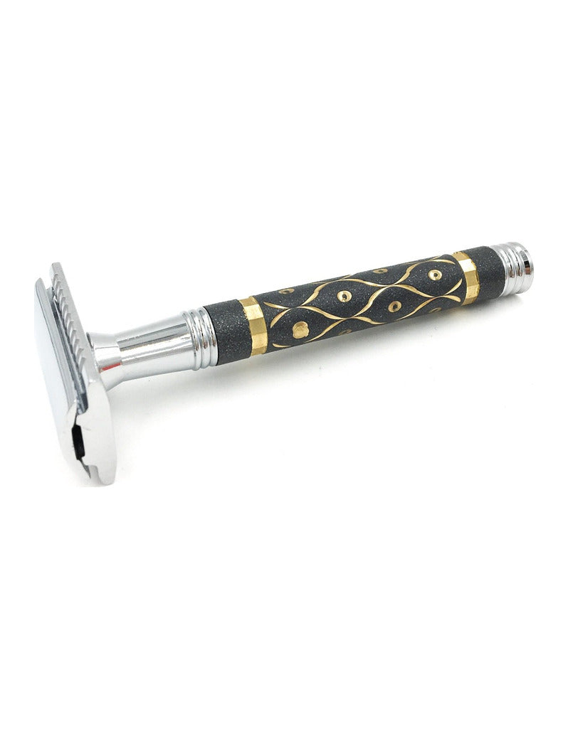 Parker 65R closed comb safety razor with a chrome head and a gray handle with engraved gold accents