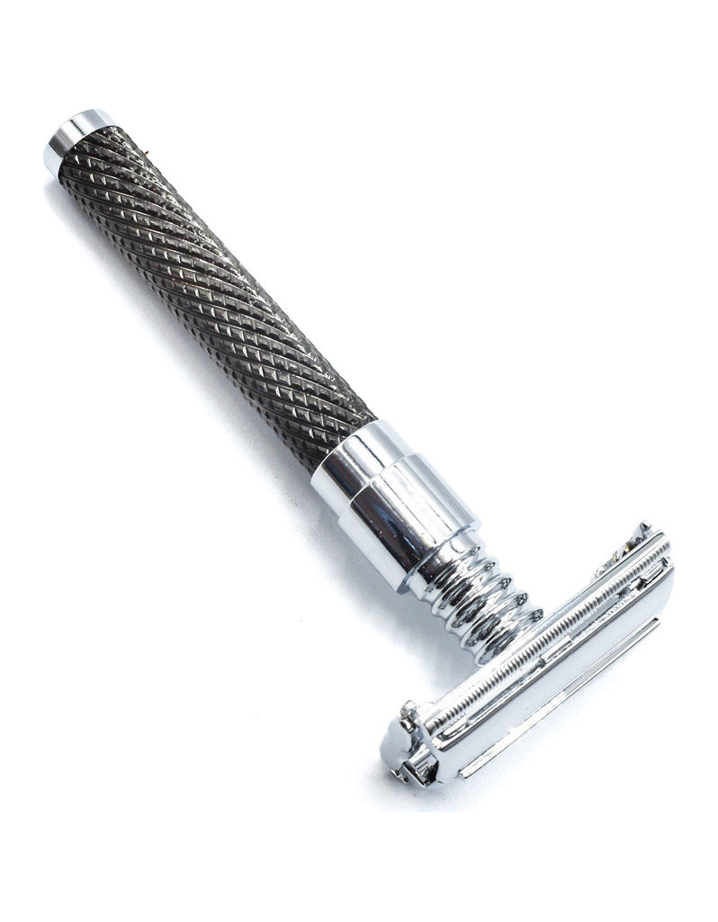 Parker 92R butterfly twist-to-open safety razor with a textured graphite handle and chrome head, on a white background
