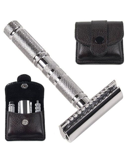 Parker - Air 4 Piece Travel Safety Razor with Leather Case - New England Shaving Company