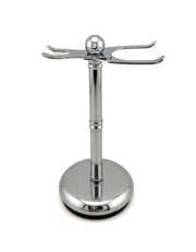 A heavyweight chrome-plated adjustable razor and brush stand with a round base and adjustable brush 