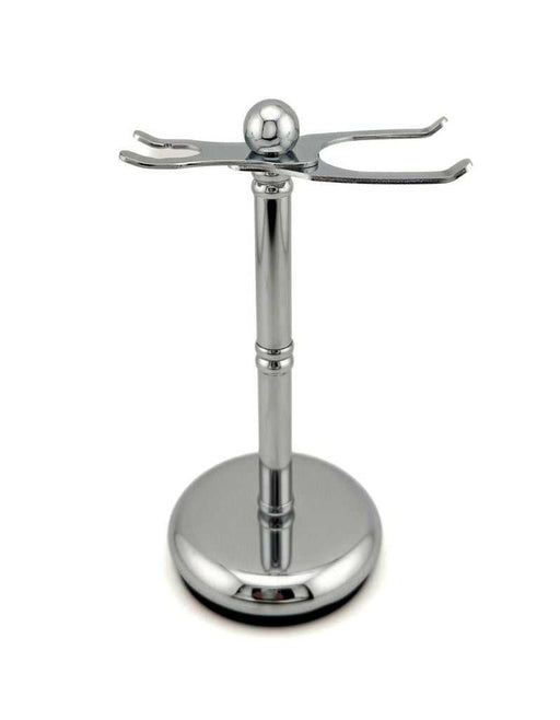 A heavyweight chrome-plated adjustable razor and brush stand with a round base and adjustable brush 