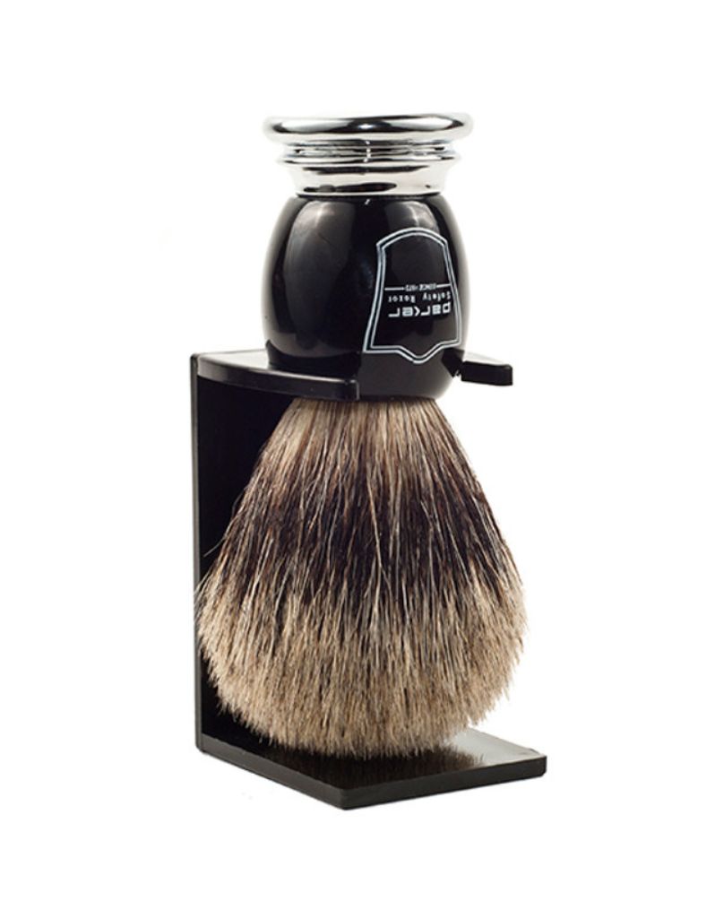 Parker - Black and Chrome Handle Pure Badger Brush with Stand - New England Shaving Company