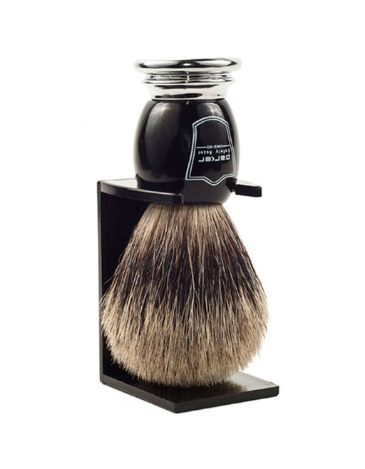 Parker - Black and Chrome Handle Pure Badger Brush with Stand - New England Shaving Company
