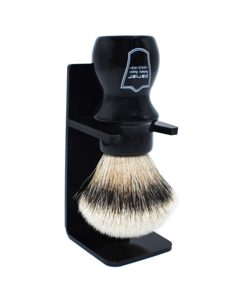 Parker - Black Mug Silver Tip Badger Brush with Stand - New England Shaving Company