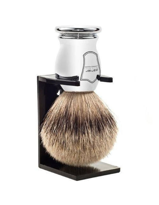 Parker CHST Shaving brush with black stand on a white background