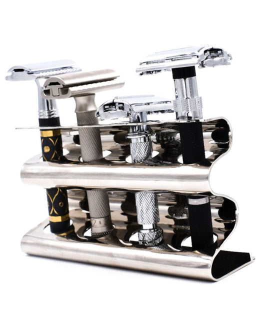 Chrome razor stand with multiple razors on a white background