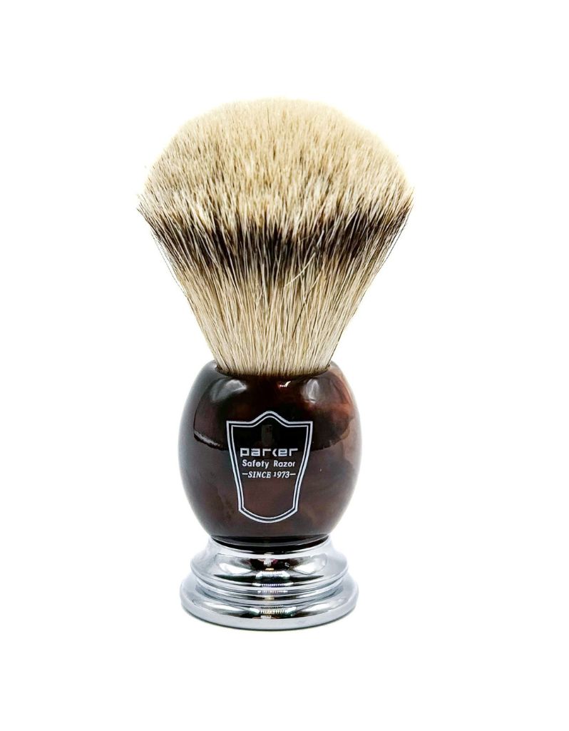 Parker - Faux Horn Handle Silvertip Badger Brush with Stand