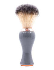 Parker synthetic shaving brush with a glossy gray handle and rose gold accents, shown upright on a white background